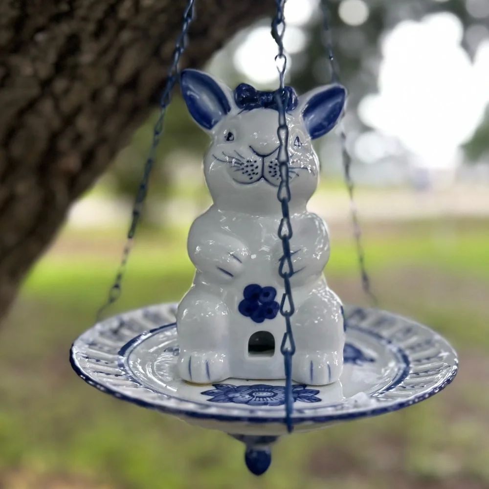 Rare and Unique Blue & White Porcelain Bunny Rabbit Bird Feeder